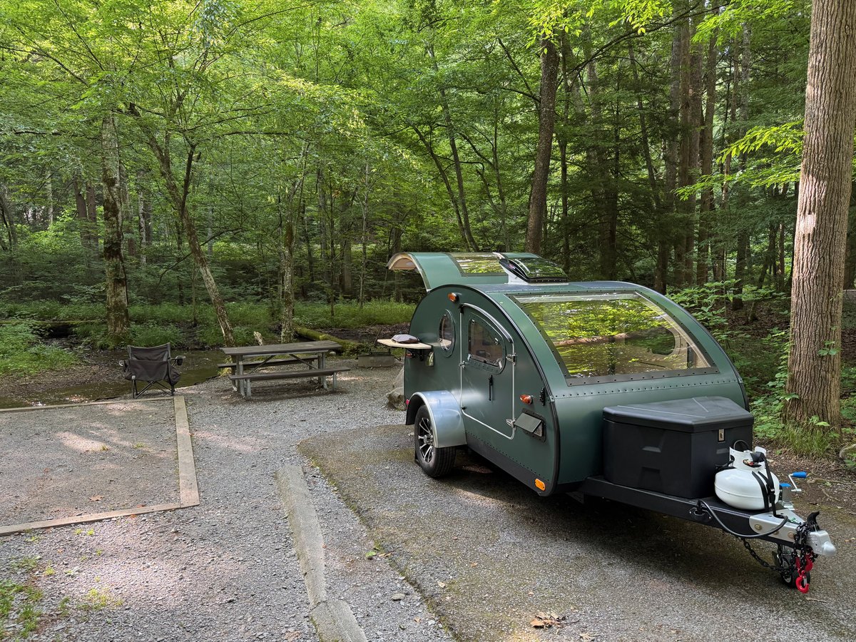 A green teardrop camper at a wooded campsite with its galley hatch raised and an empty picnic table behind it