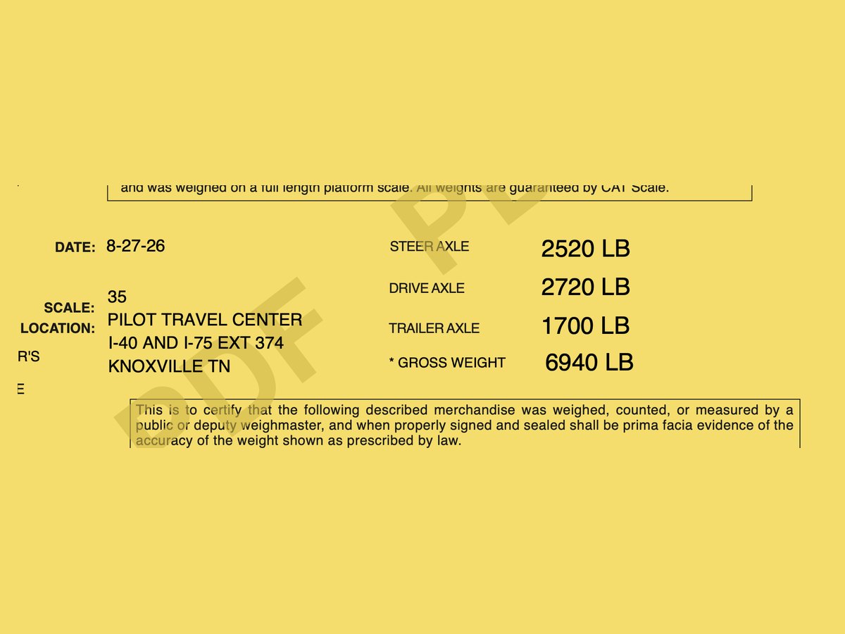 A CAT scale ticket showing steer axle 2,520 lb, drive axle 2,720 lb, trailer axle 1,700 lb and a gross weight of 6,940 lb
